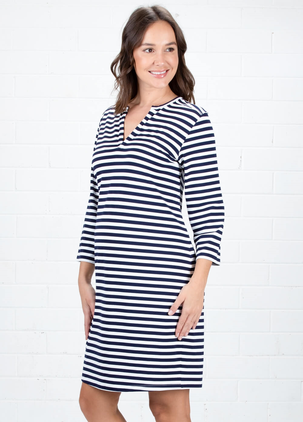 Maternity Travel Dress in Blue Stripes by Queen mum