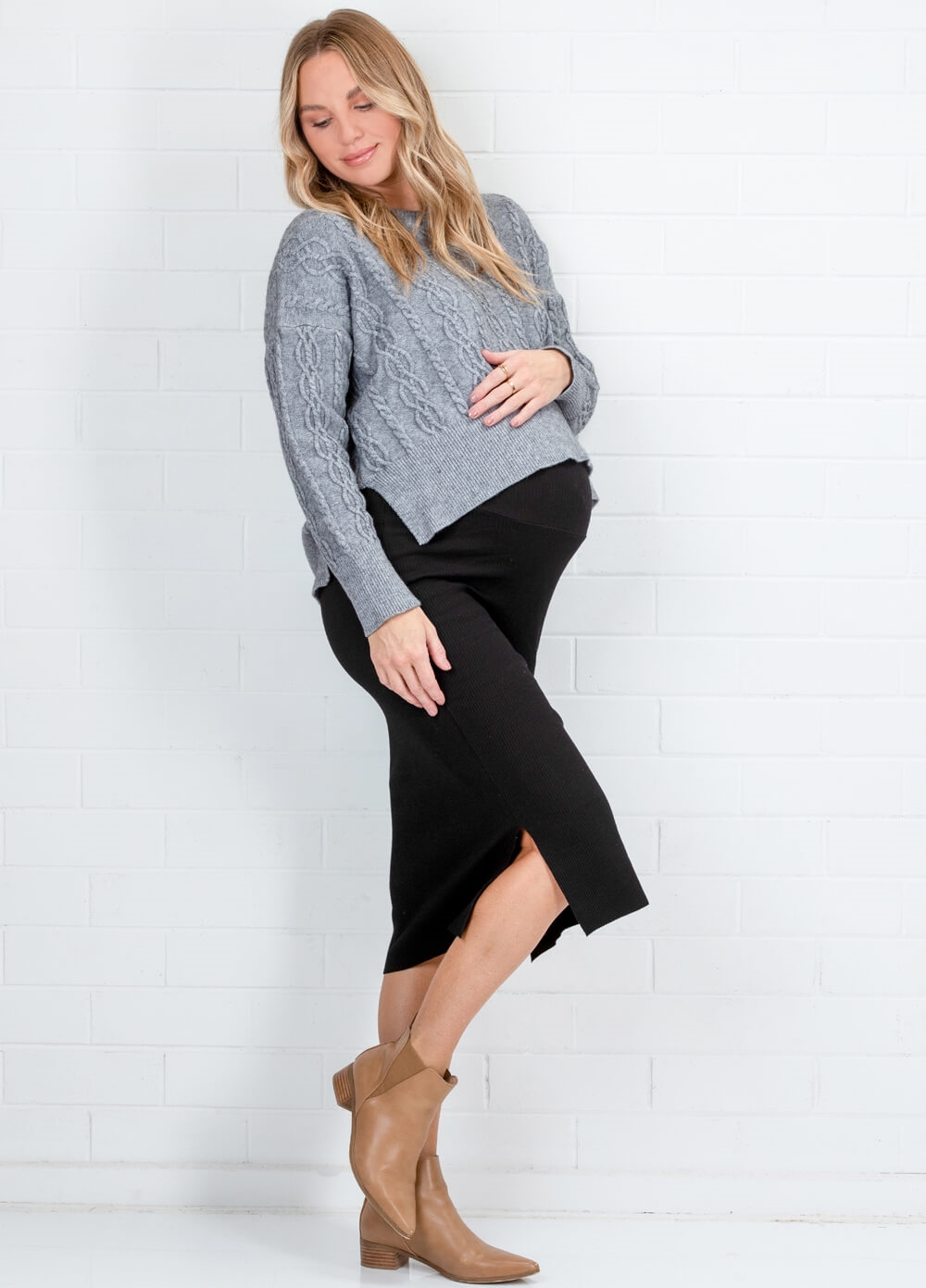 Lait & Co Josie Cable Knit Cropped Maternity Jumper in Grey