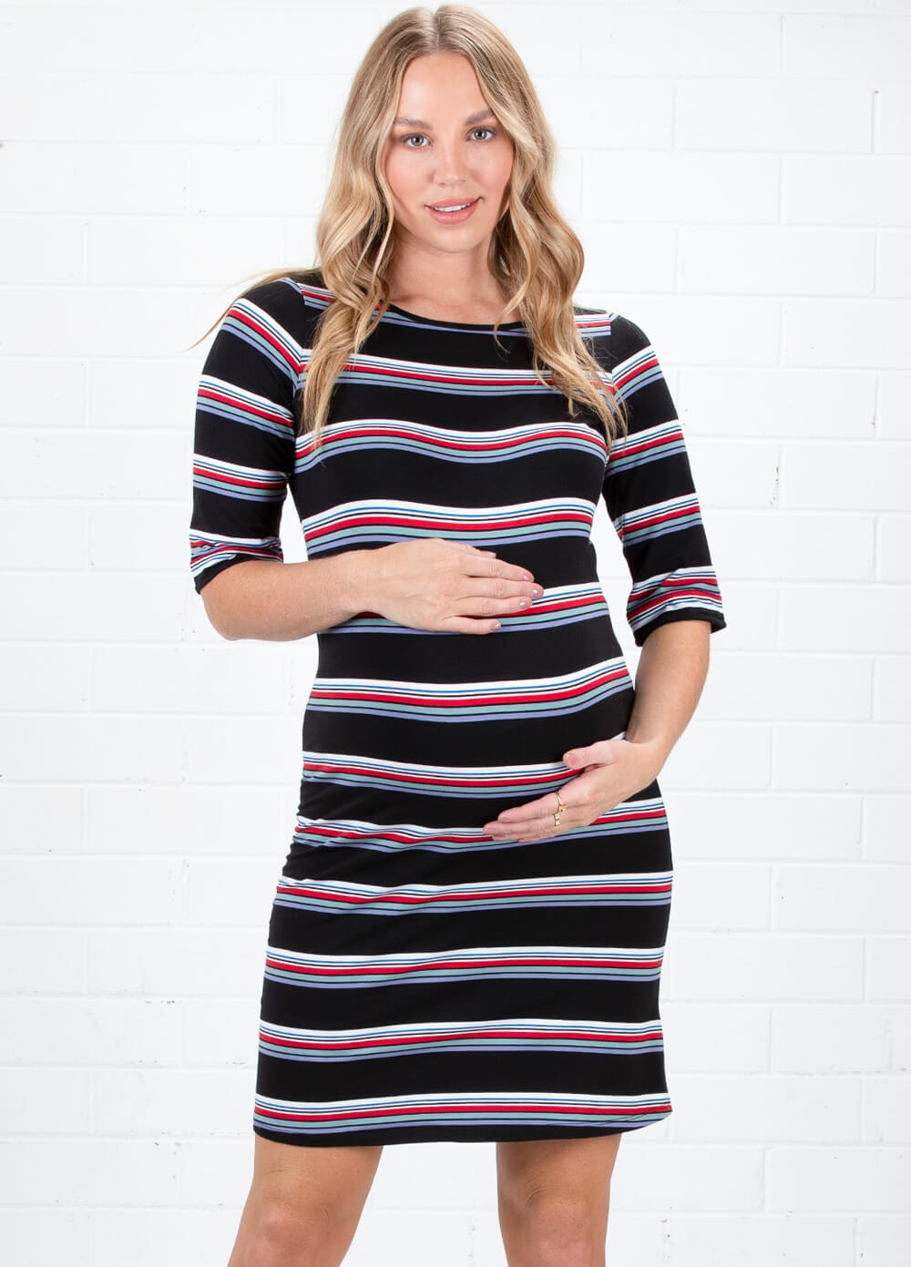 Tyson Maternity Shift Dress in Black Multi Stripe by Trimester
