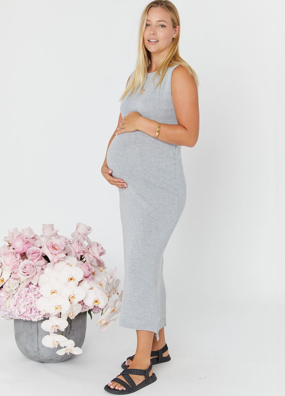 Legoe - Maternity Shift Knit Midi Dress in Silver Grey | Queen Bee