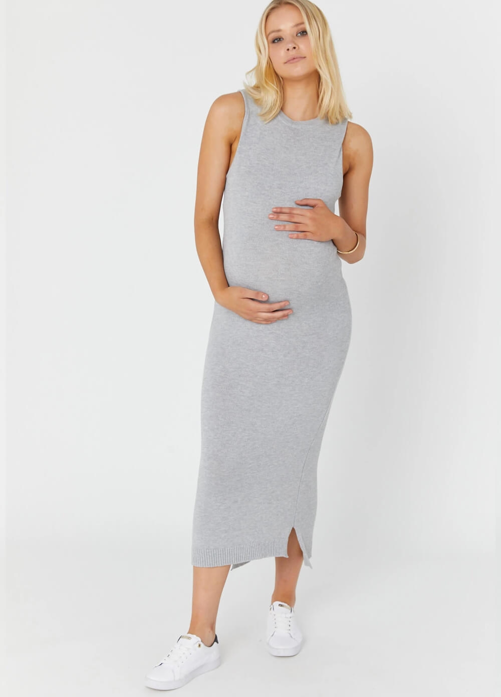 Legoe - Maternity Shift Knit Midi Dress in Silver Grey | Queen Bee