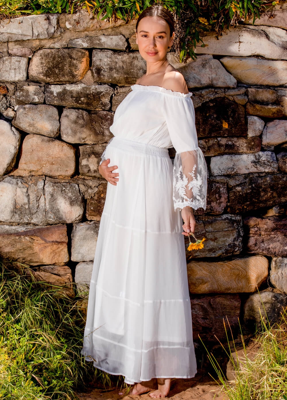 Lait & Co - Ruby-Grace Lace Sleeve Maternity Gown in White