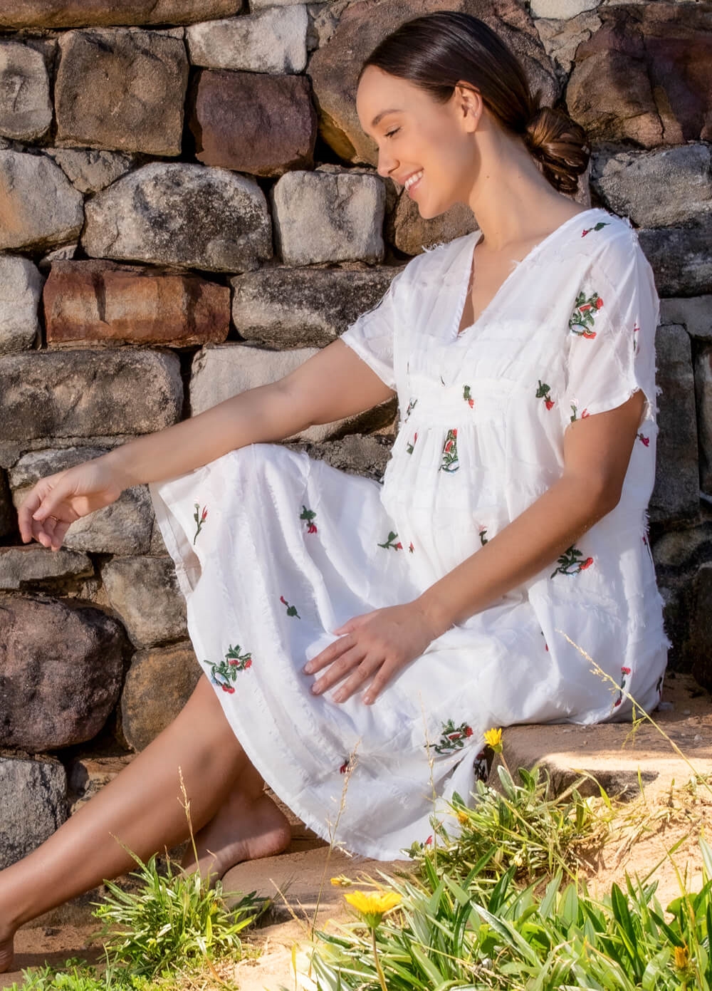 Lait & Co - Lillie-Ann Embroidered Floral Boho Maternity Dress w Slip