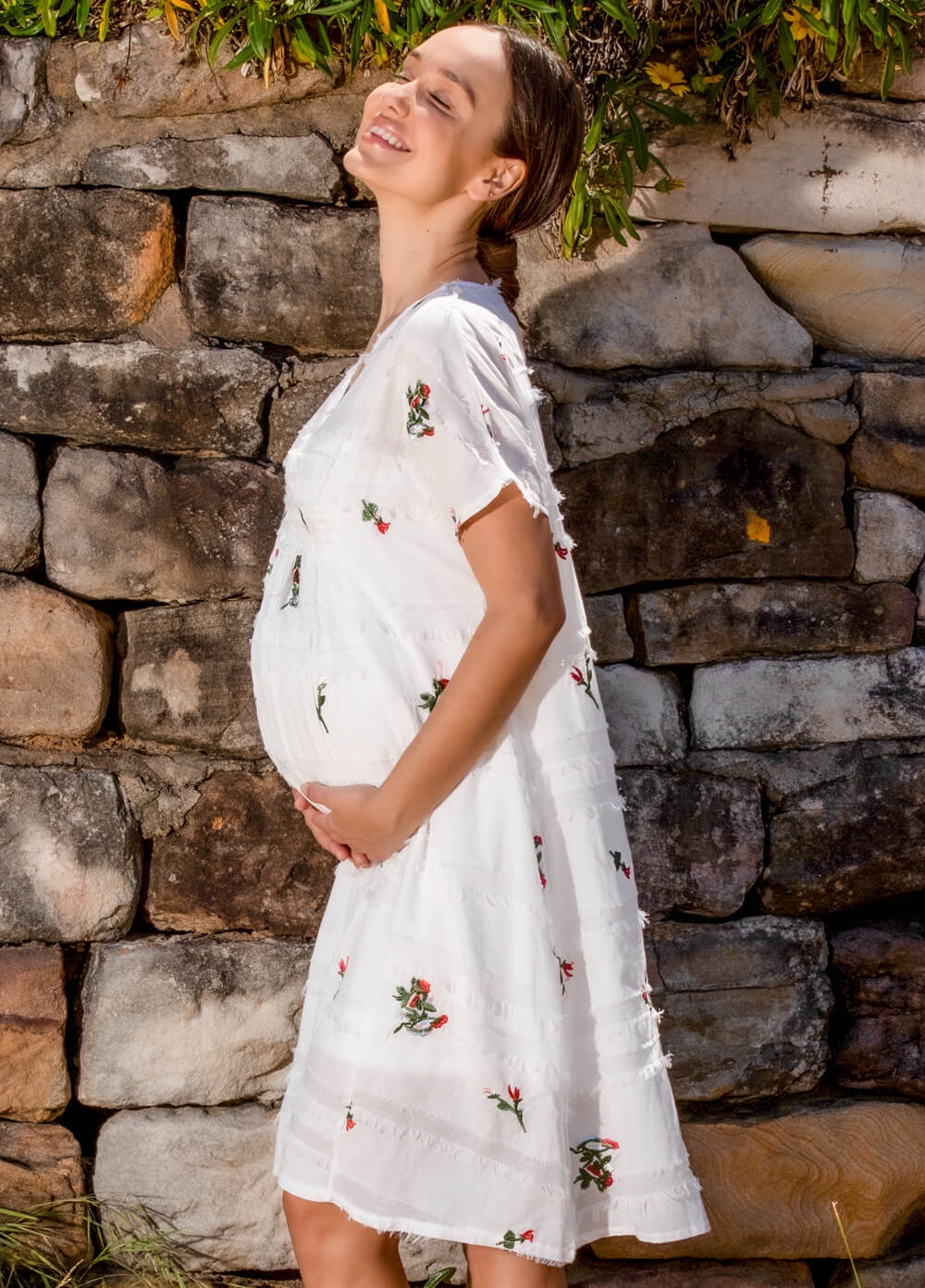 Lait & Co - Lillie-Ann Embroidered Floral Boho Maternity Dress w Slip