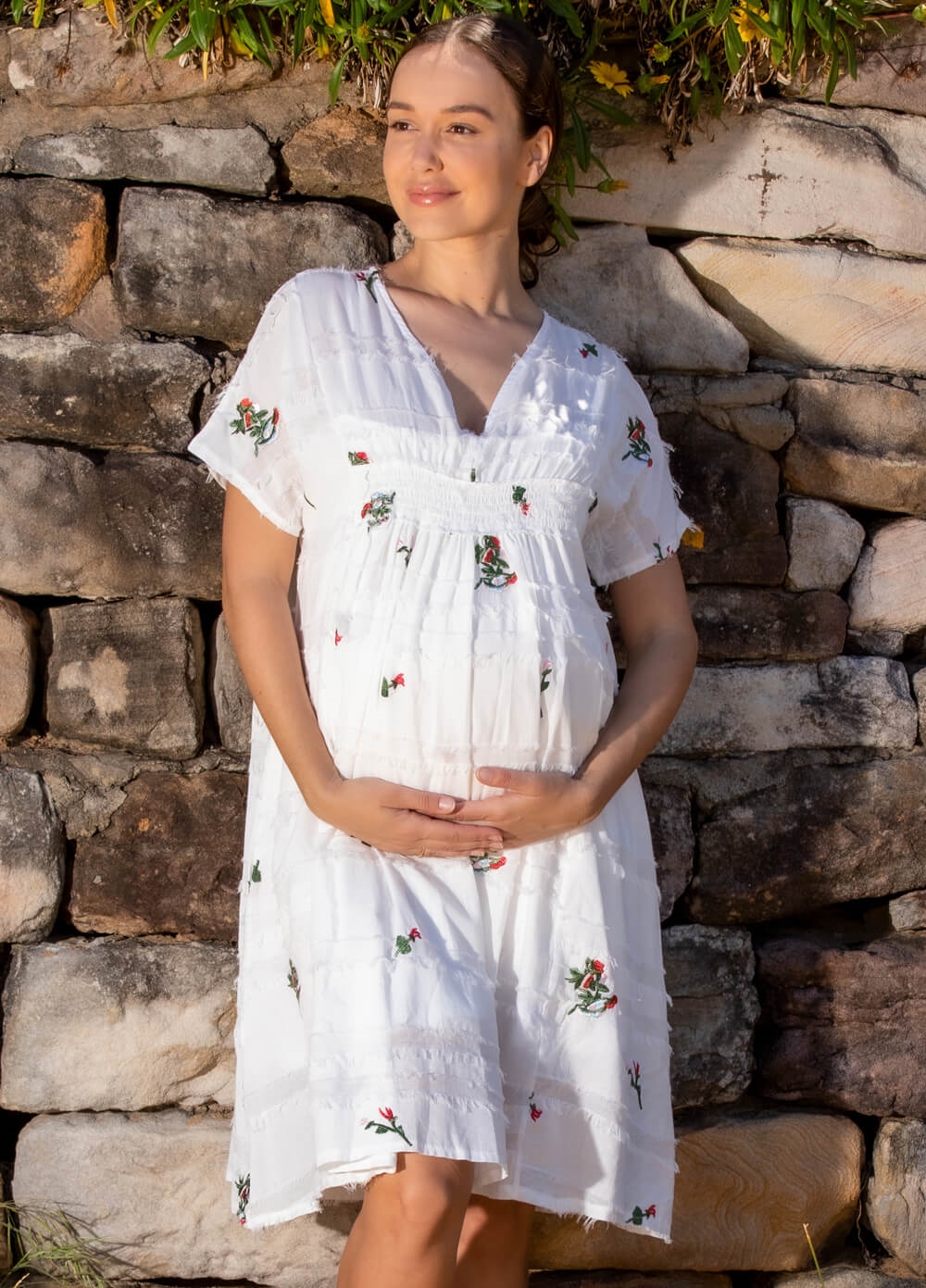 Lait & Co - Lillie-Ann Embroidered Floral Boho Maternity Dress w Slip