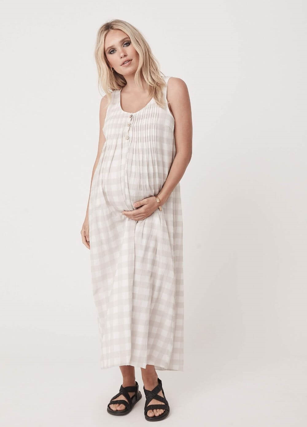 Legoe - Arabella Maternity Maxi Dress in Taupe/White Check
