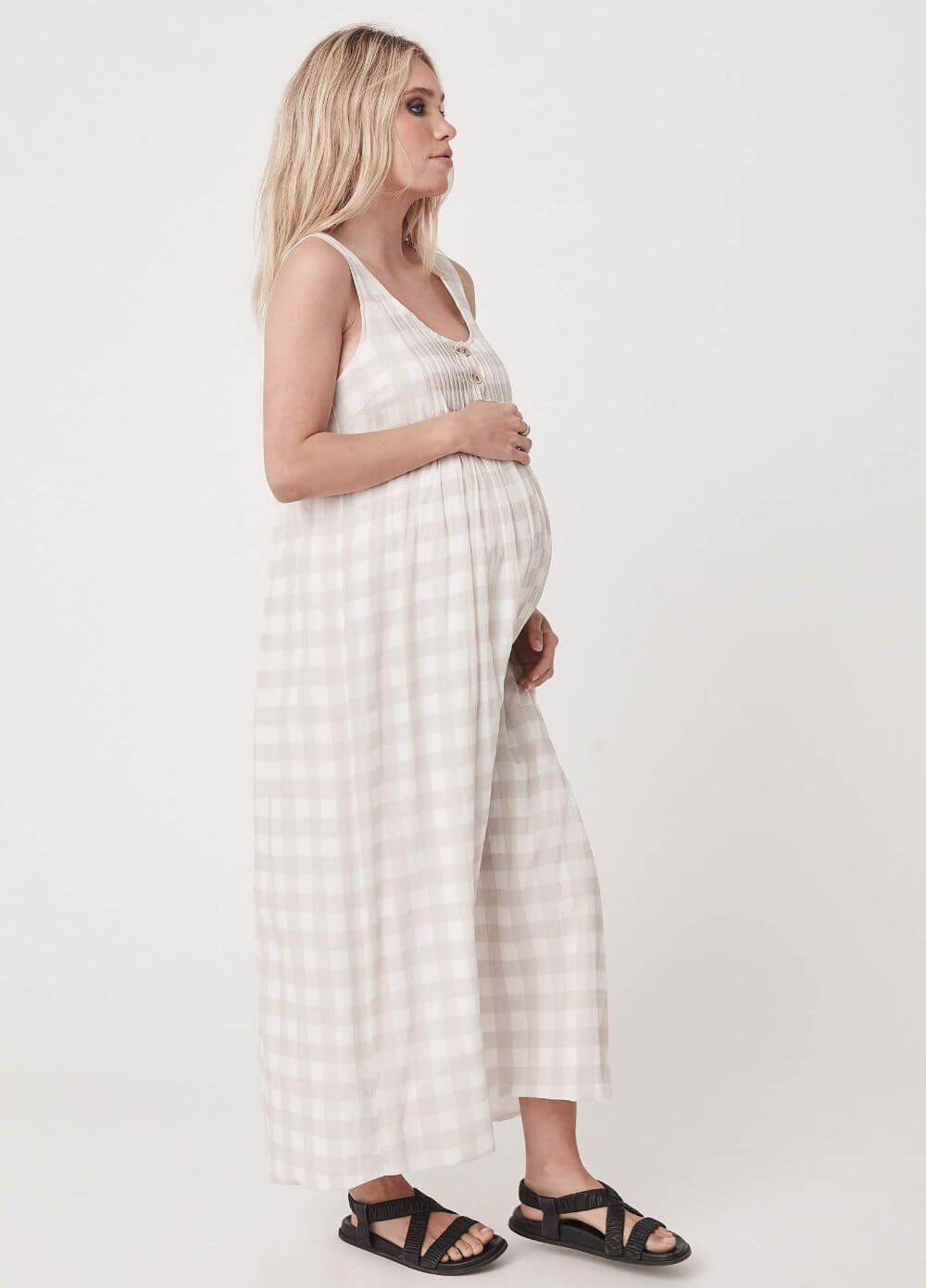 Legoe - Arabella Maternity Maxi Dress in Taupe/White Check