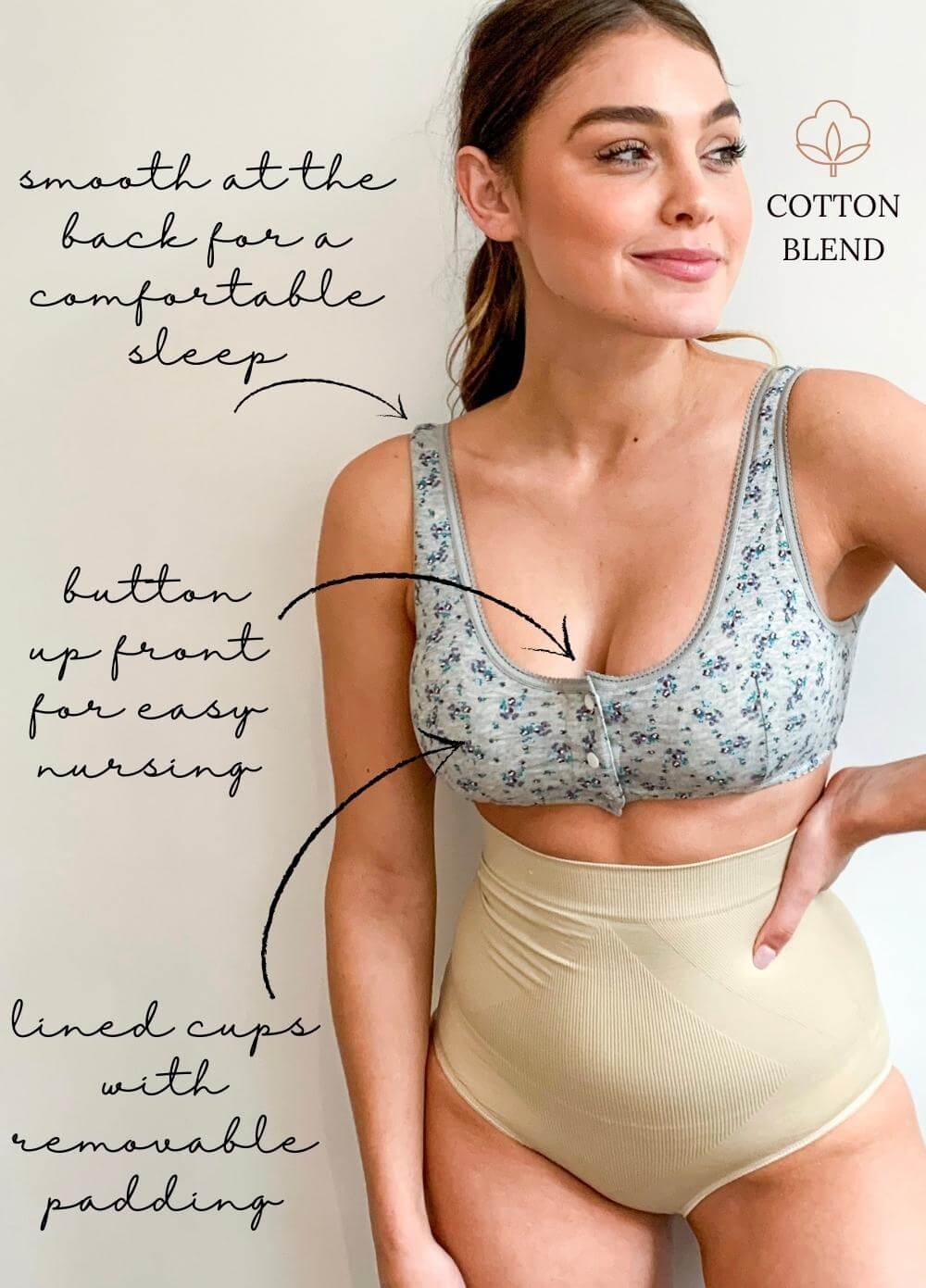 Queen Bee - Rosa Button Maternity Nursing Sleep Bra - Grey Floral