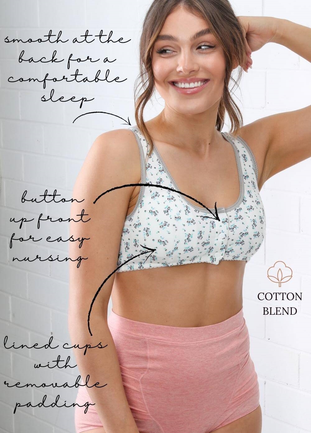 Queen Bee - Rosa Button Maternity Nursing Sleep Bra - White Floral