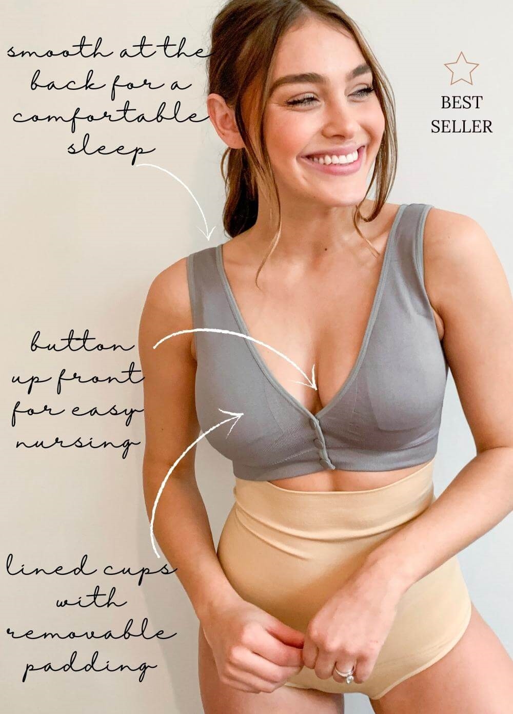 Queen Bee - Kayla Button Maternity Nursing Sleep Bra in Grey