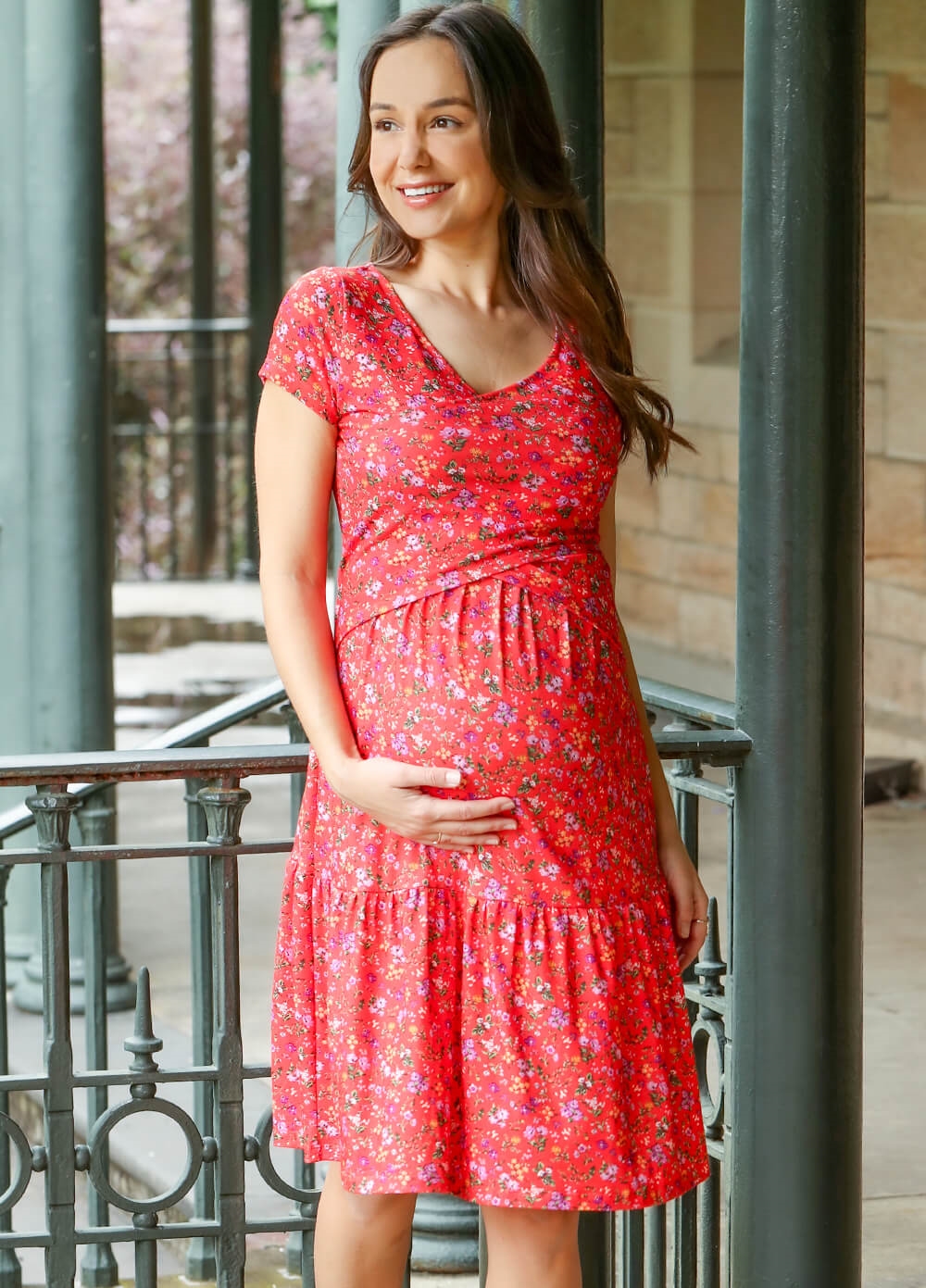 Red Floral Wrap Maternity Dress