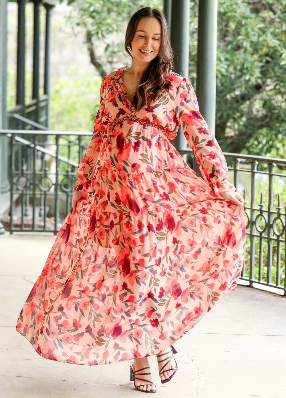 Lait & Co - Wanderlust Pink Floral Tiered Maternity Maxi Gown