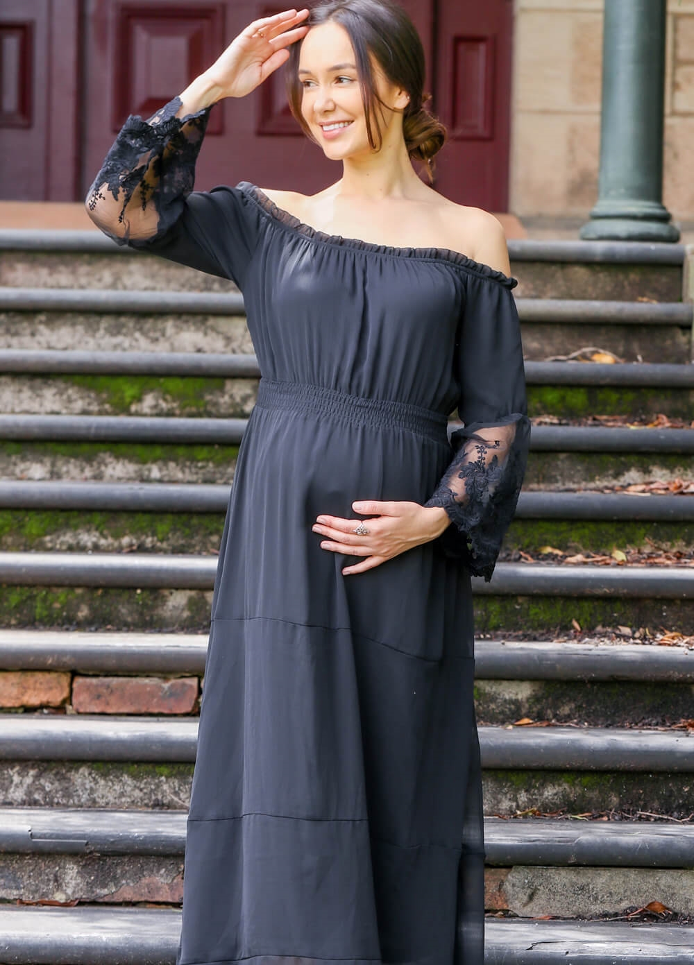 Lait & Co - Ruby-Grace Lace Sleeve Maternity Gown in Black