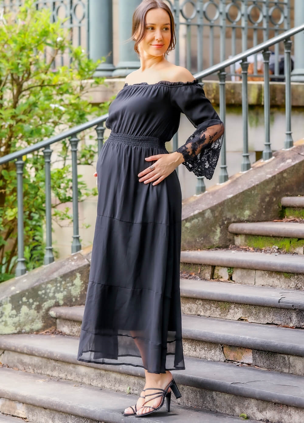 Lait & Co - Ruby-Grace Lace Sleeve Maternity Gown in Black