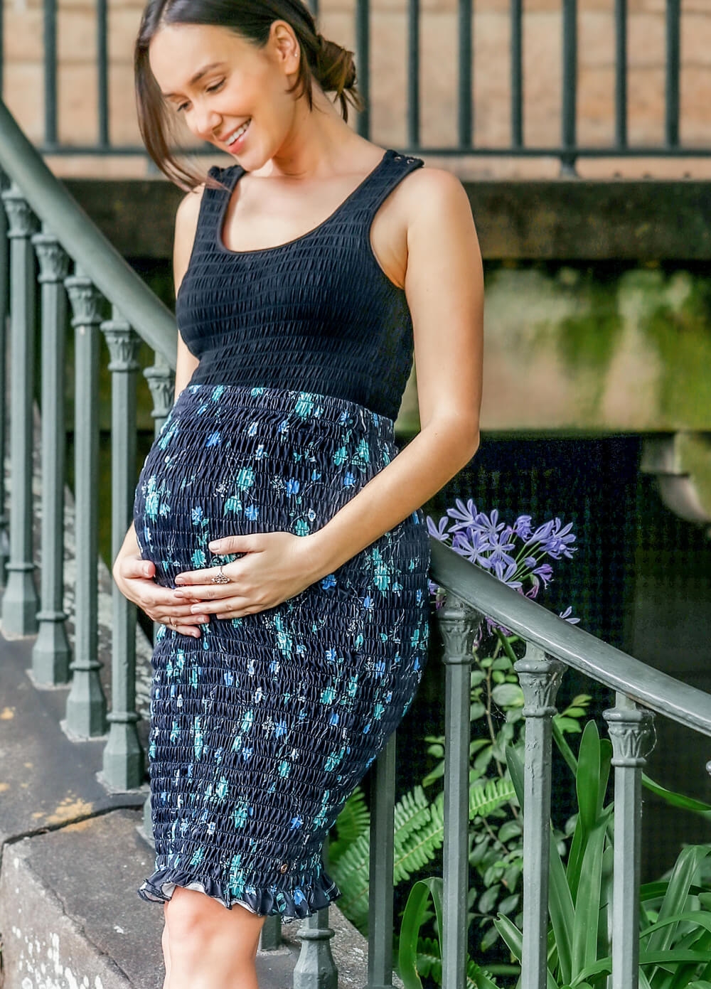 Floressa - Rhodes Smocked Maternity Skirt in Midnight Floral