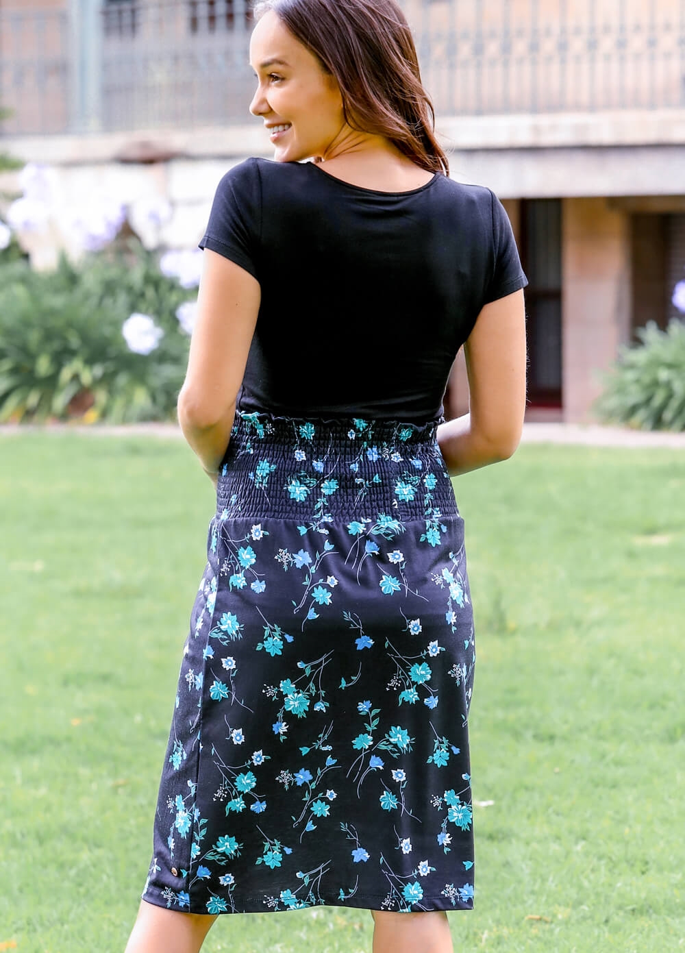 Floressa - Rosaline Gathered Maternity Skirt in Midnight Floral