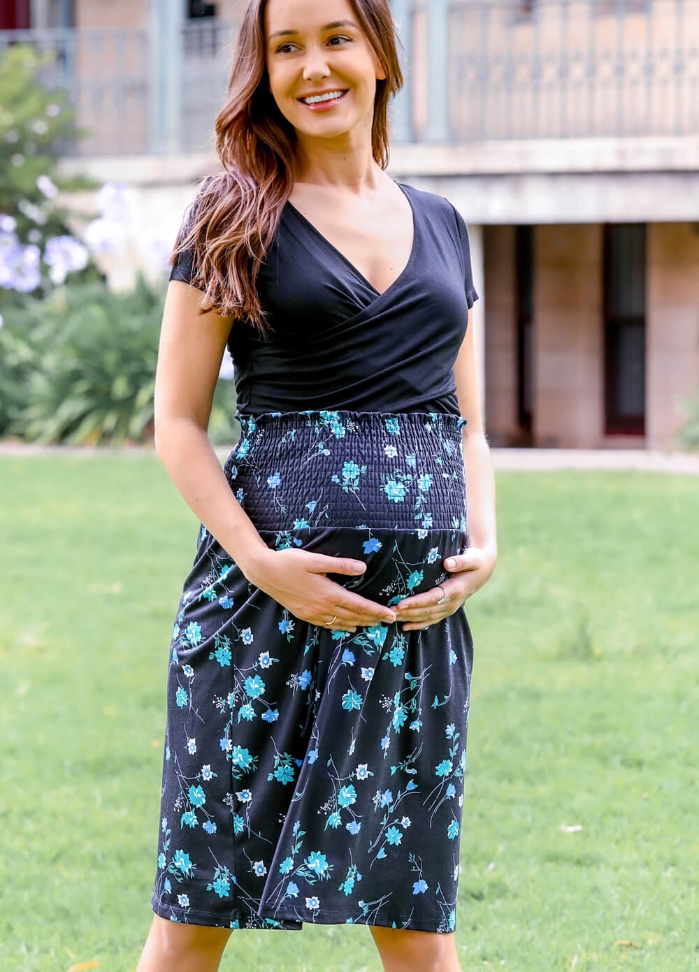 Floressa - Rosaline Gathered Maternity Skirt in Midnight Floral