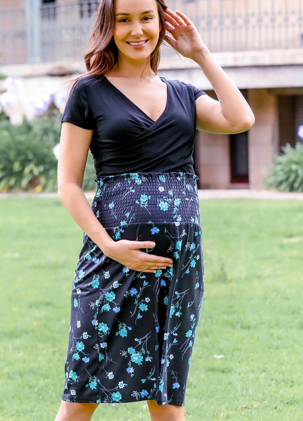 Floressa - Rosaline Gathered Maternity Skirt in Midnight Floral