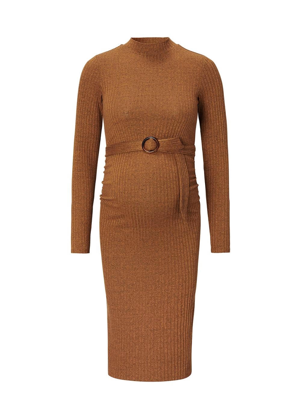 Supermom - Mock Neck Belted Ribbed Maternity Dress in Russet