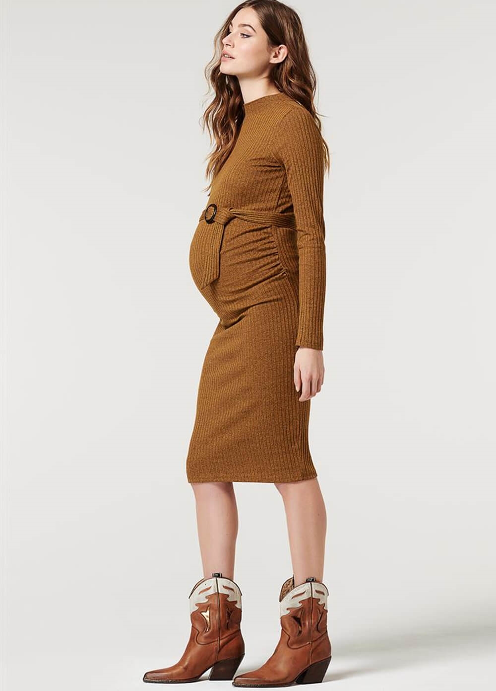Supermom - Mock Neck Belted Ribbed Maternity Dress in Russet