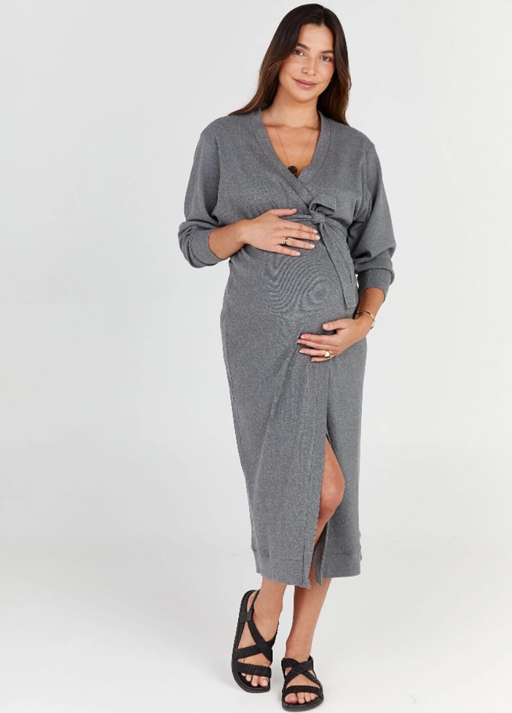 Legoe - Maternity Rib Wrap Dress in Dark Grey | Queen Bee