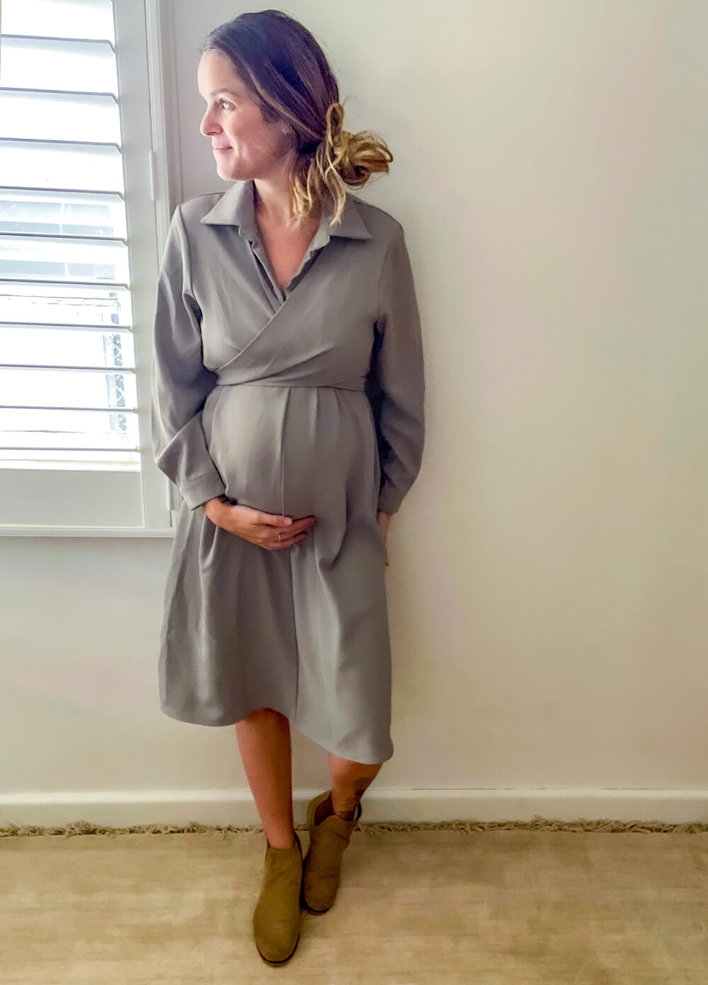 Lait & Co - Elie Tie Wrap Maternity Dress in Taupe | Queen Bee