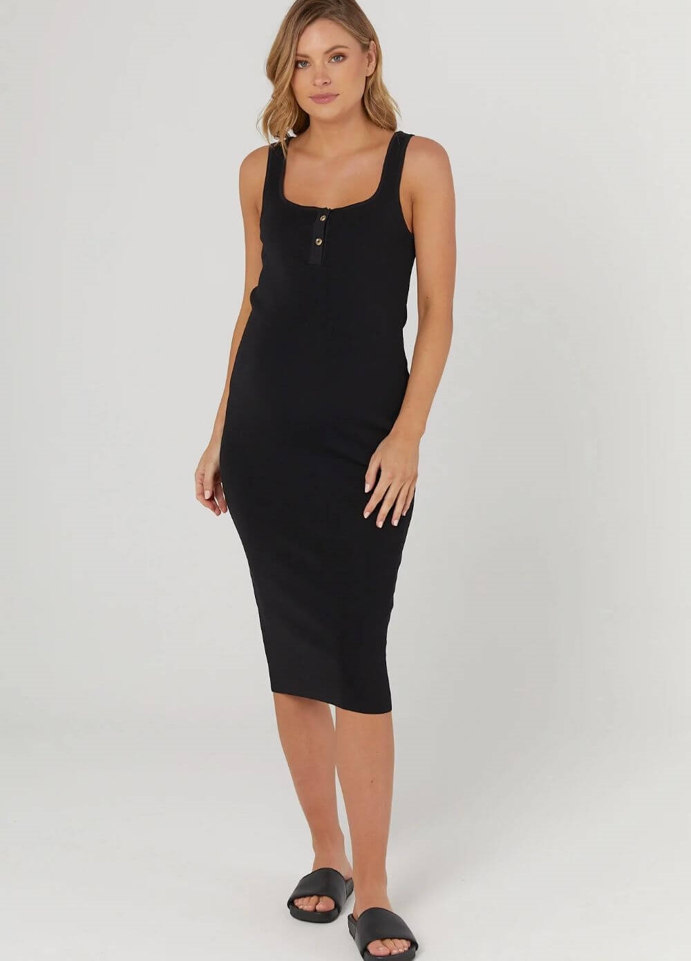 Legoe - Crepe Knit Maternity Nursing Midi Dress in Black