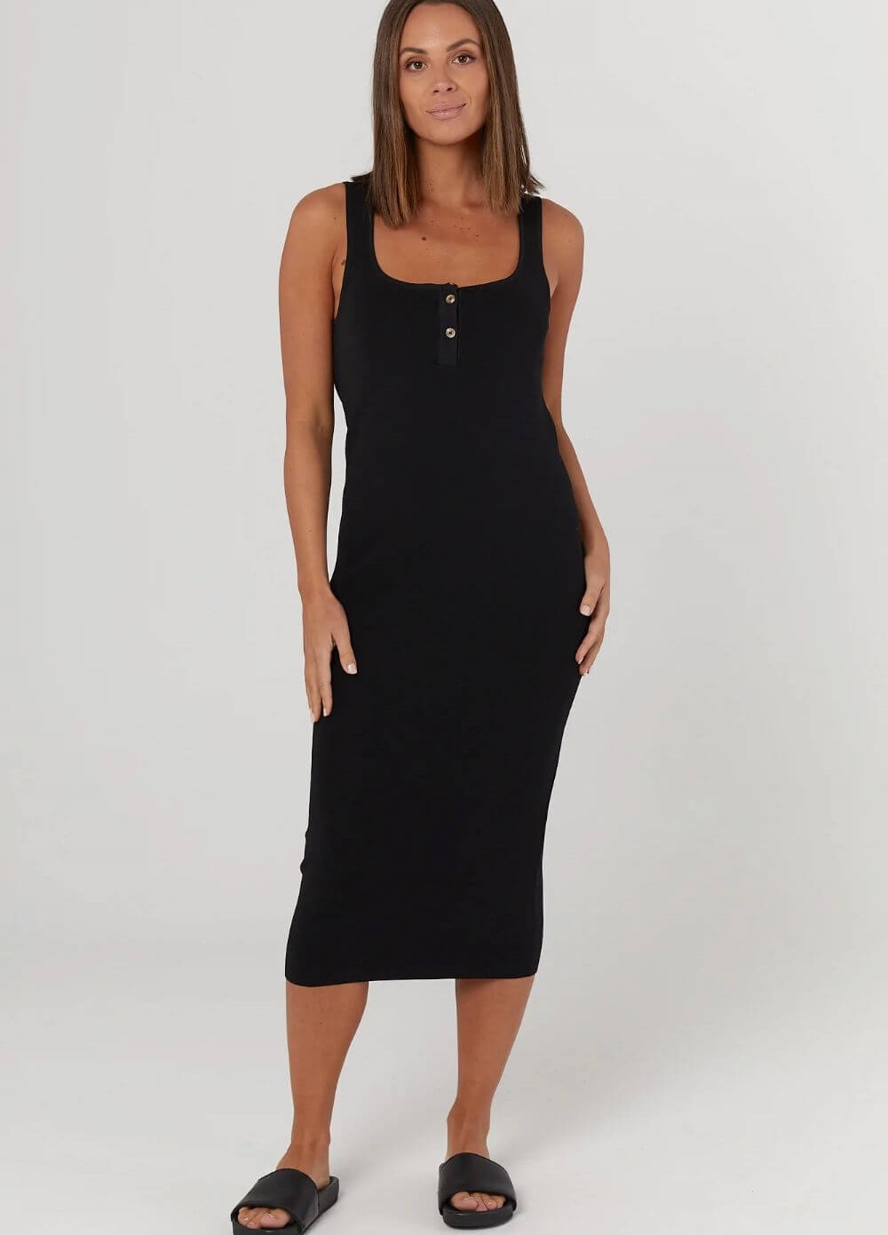 Legoe - Crepe Knit Maternity Nursing Midi Dress in Black