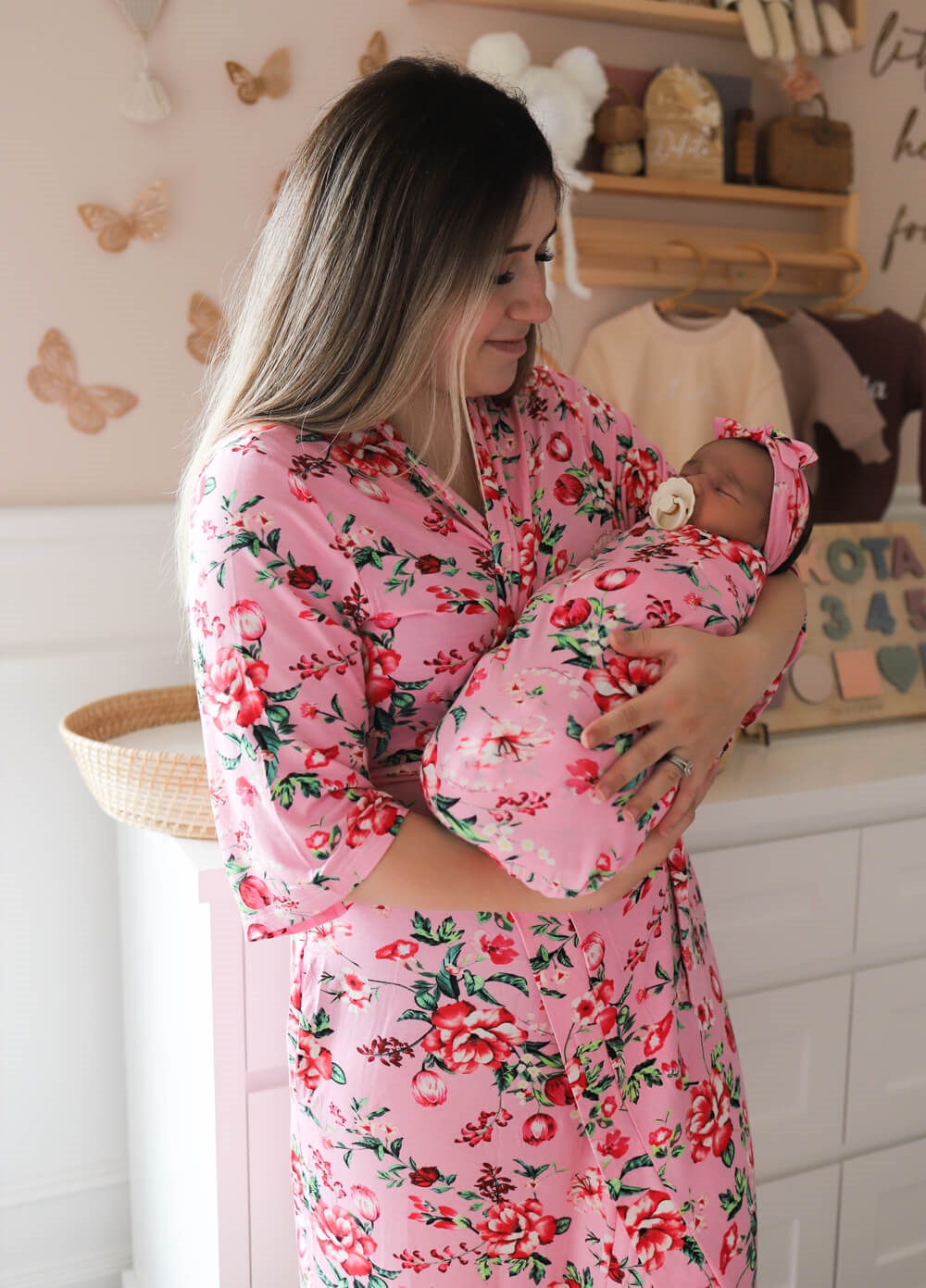 Welcome Baby - Cherish Pregnancy Robe & Swaddle Set in Pink Poppy