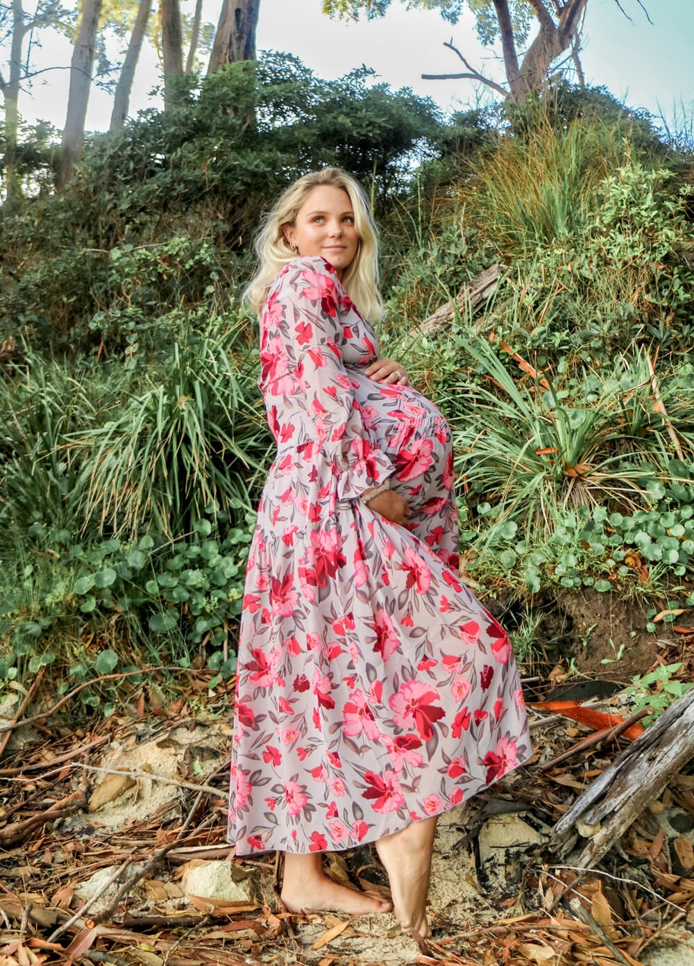 Lait & Co - Wanderlust Maternity Maxi Gown in Grey/Red Floral