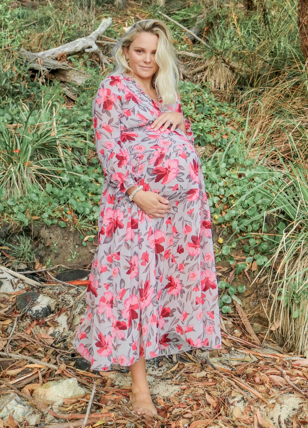 Lait & Co - Wanderlust Maternity Maxi Gown in Grey/Red Floral