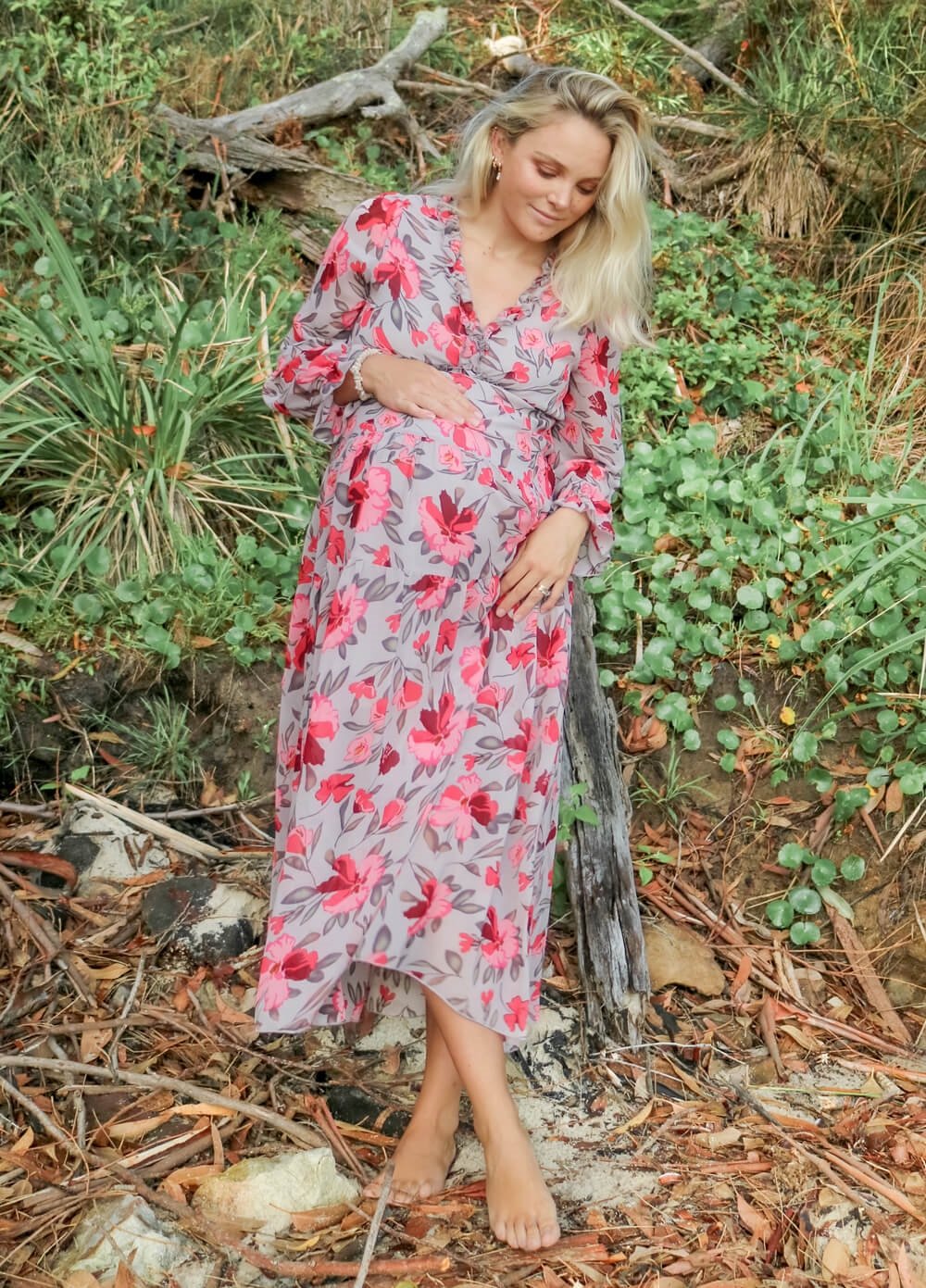 Lait & Co - Wanderlust Maternity Maxi Gown in Grey/Red Floral