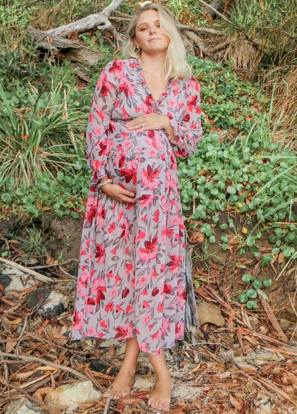 Lait & Co - Wanderlust Maternity Maxi Gown in Grey/Red Floral