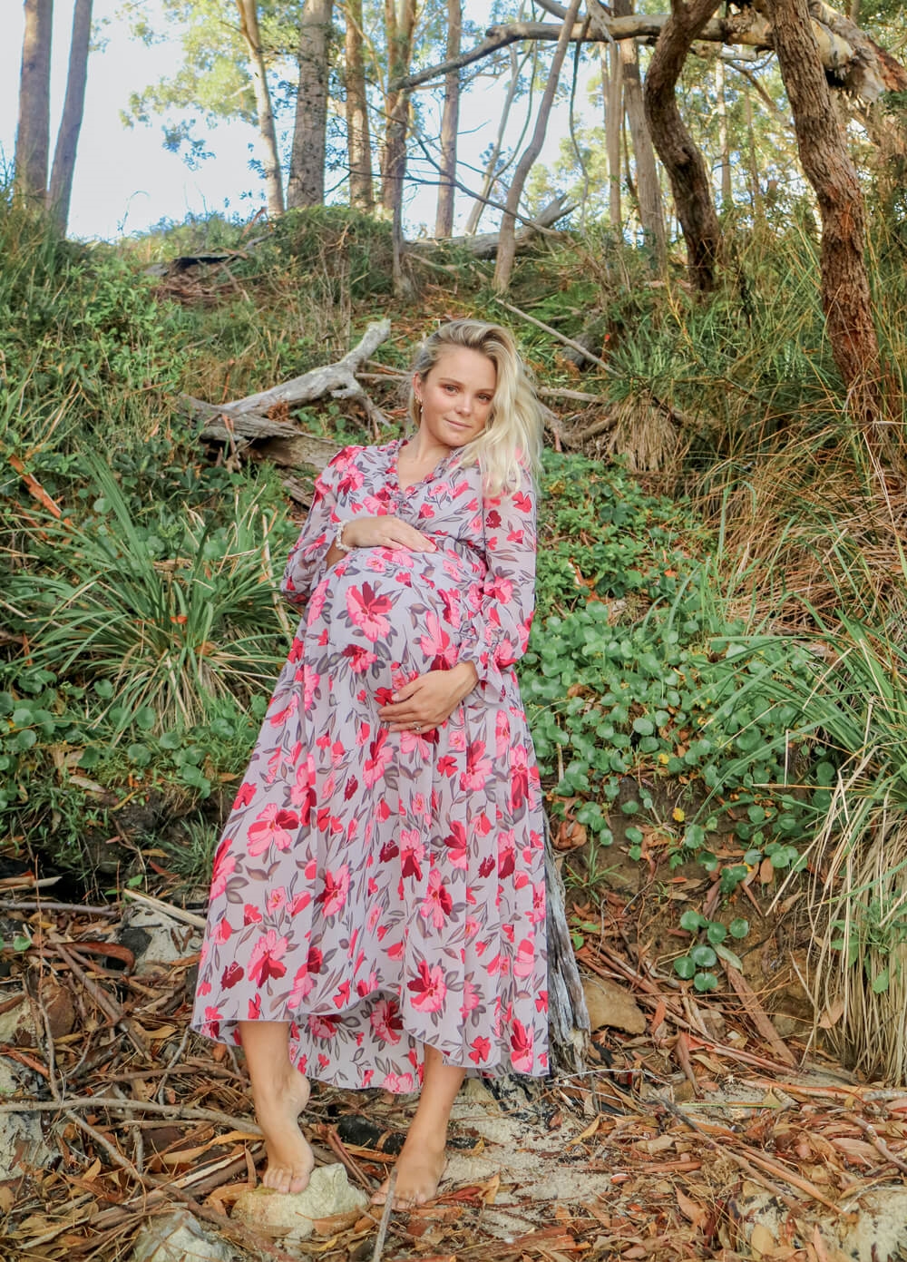 Lait & Co - Wanderlust Maternity Maxi Gown in Grey/Red Floral