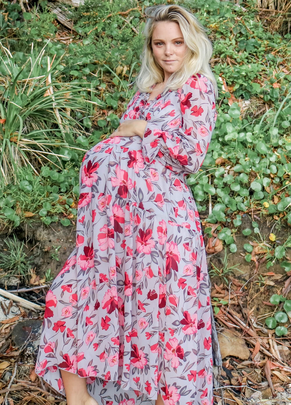 Lait & Co - Wanderlust Maternity Maxi Gown in Grey/Red Floral