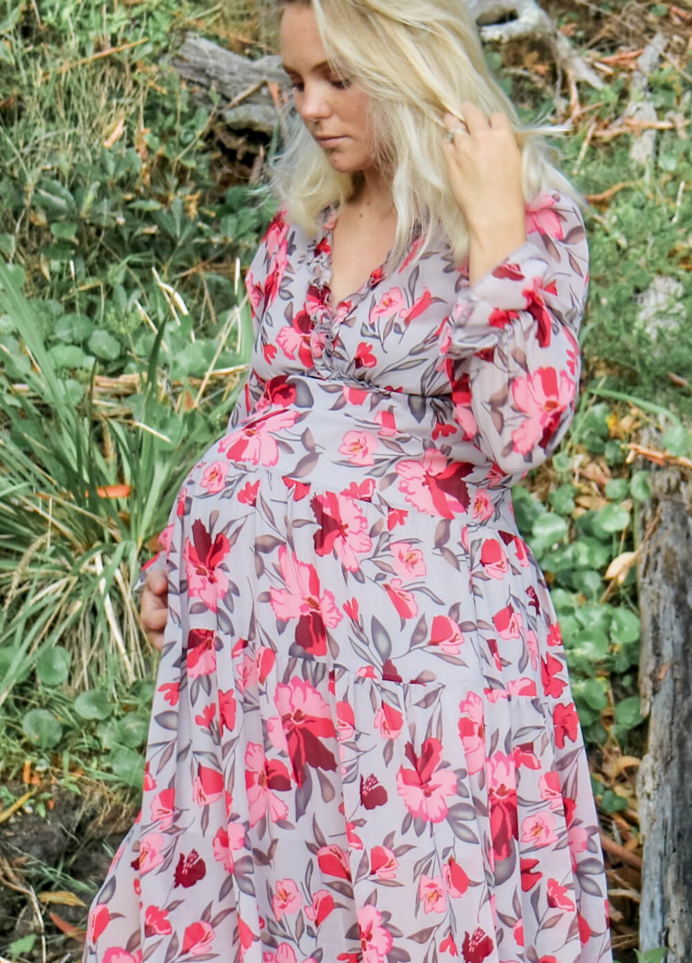 Lait & Co - Wanderlust Maternity Maxi Gown in Grey/Red Floral