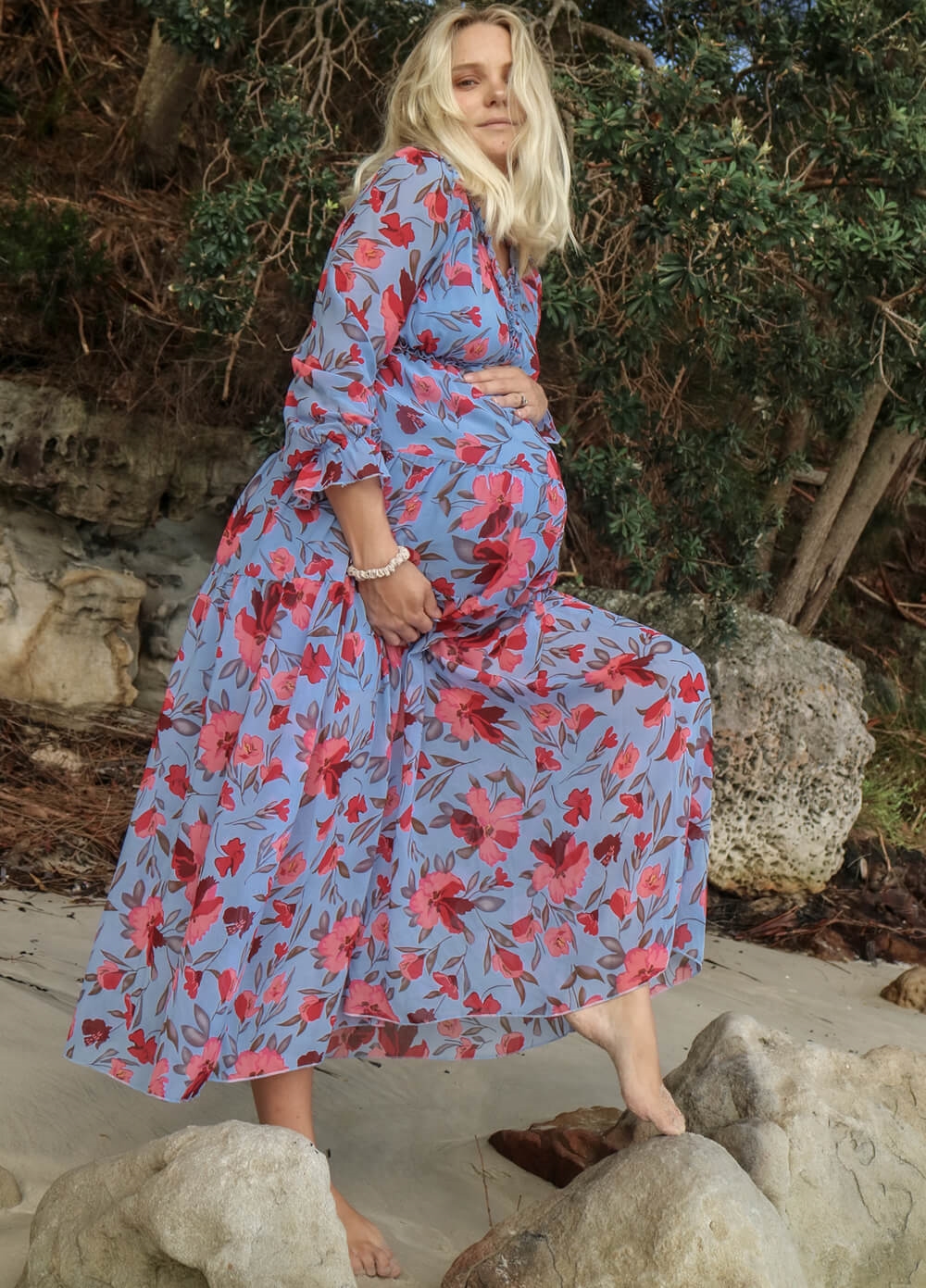 Lait & Co - Wanderlust Maternity Maxi Gown in Blue/Red Floral