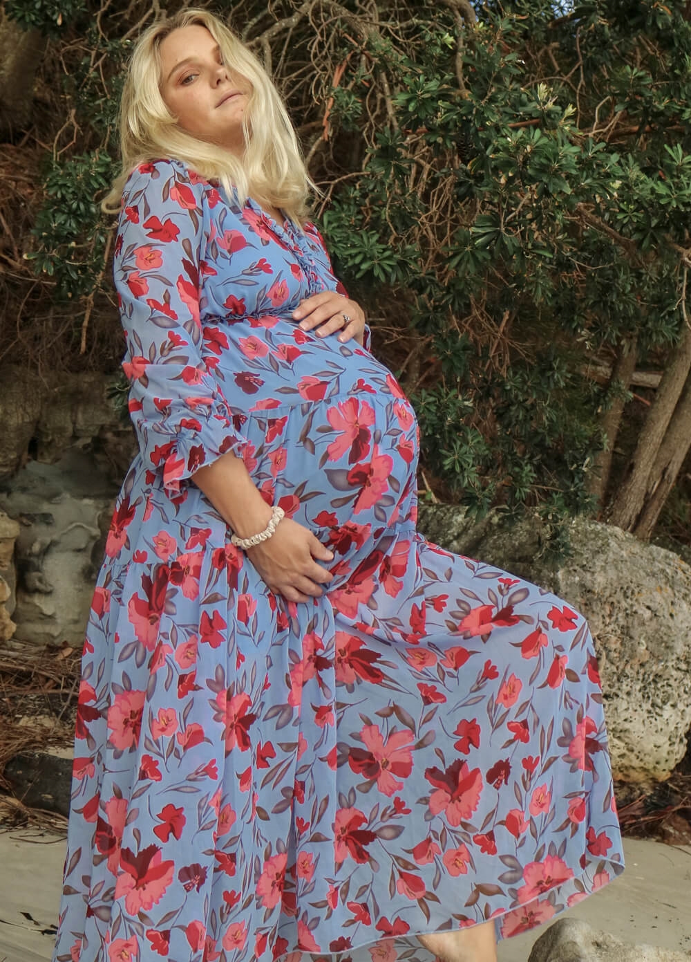 Lait & Co - Wanderlust Maternity Maxi Gown in Blue/Red Floral