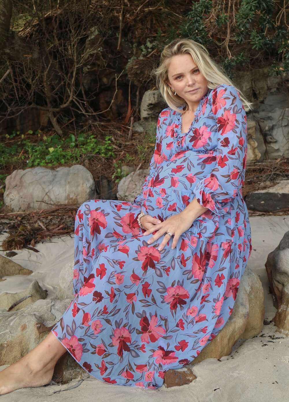 Lait & Co - Wanderlust Maternity Maxi Gown in Blue/Red Floral