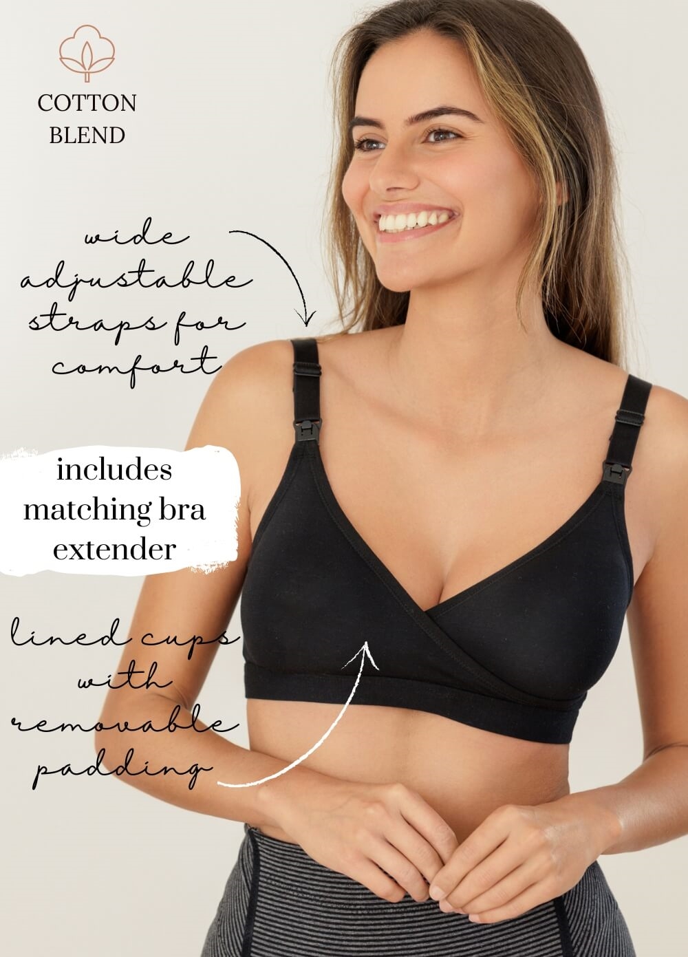 Asher Cotton Maternity Nursing Bra w Extender in Black