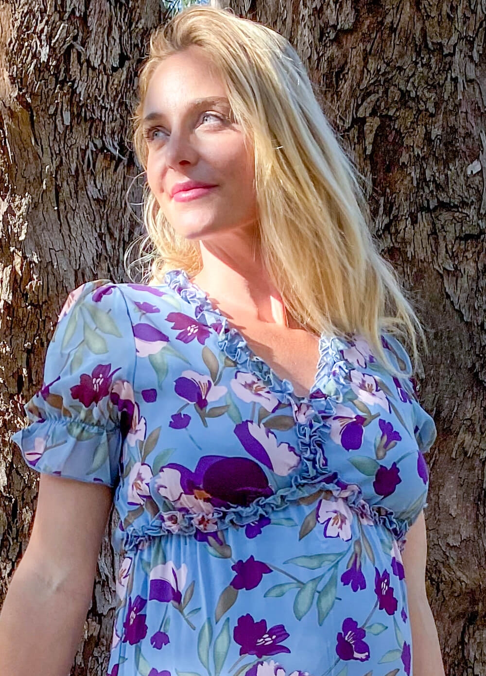 Wanderlust S/Sleeve Maternity Maxi Gown in Blue/Purple Floral