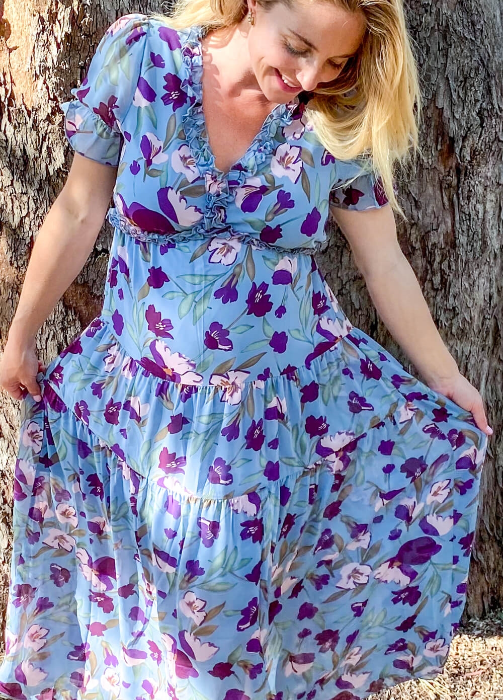Wanderlust S/Sleeve Maternity Maxi Gown in Blue/Purple Floral