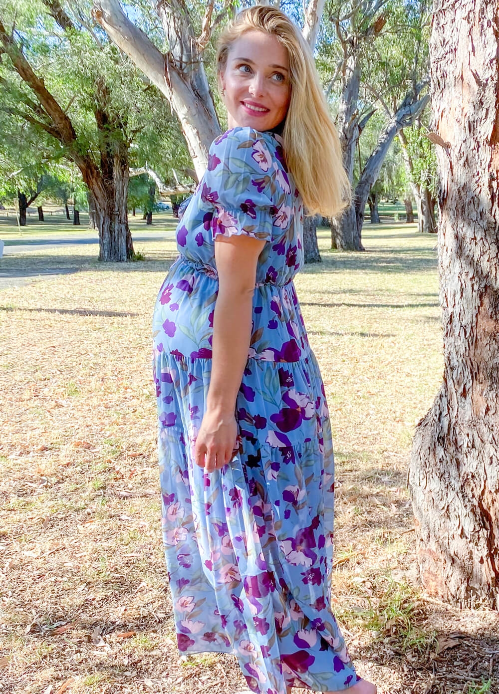 Wanderlust S/Sleeve Maternity Maxi Gown in Blue/Purple Floral