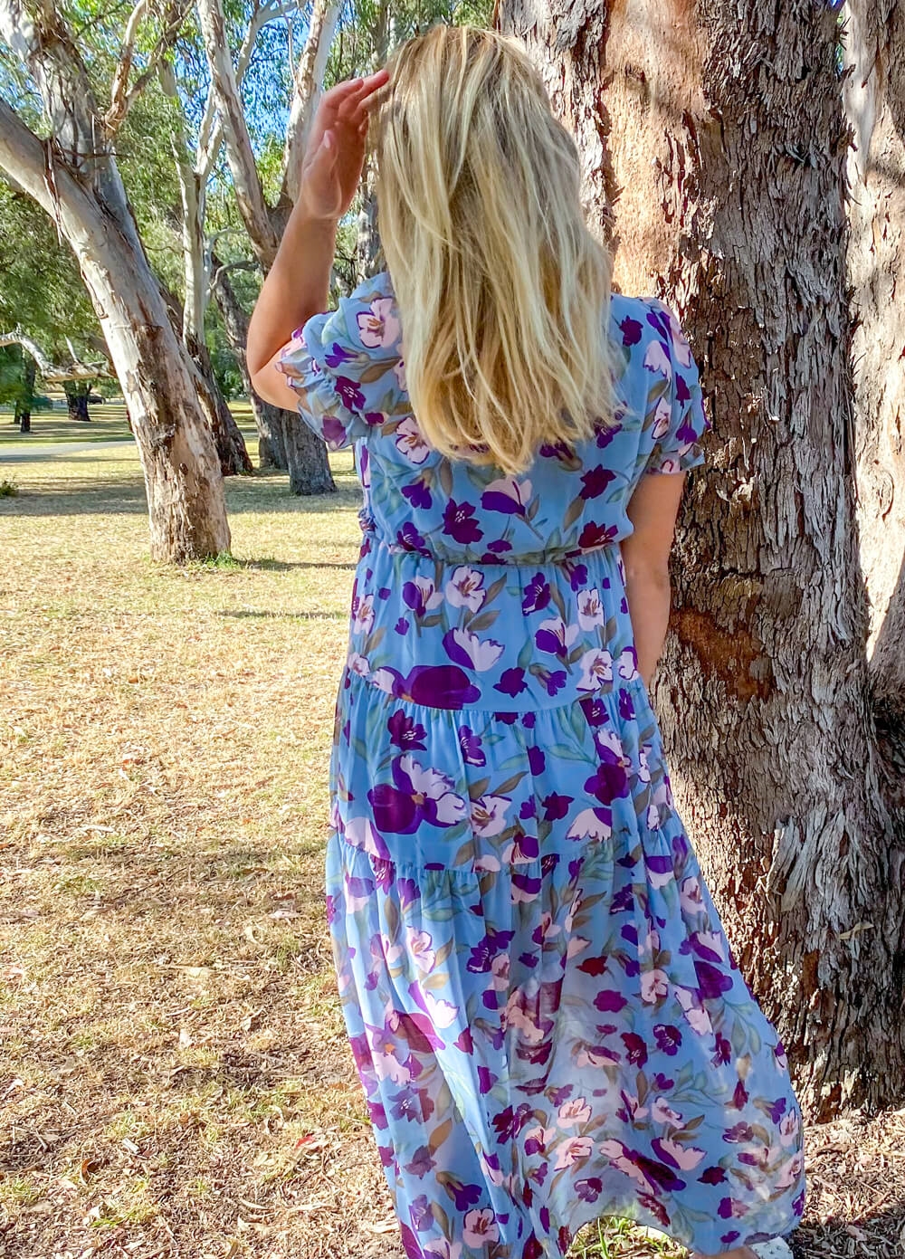 Wanderlust S/Sleeve Maternity Maxi Gown in Blue/Purple Floral