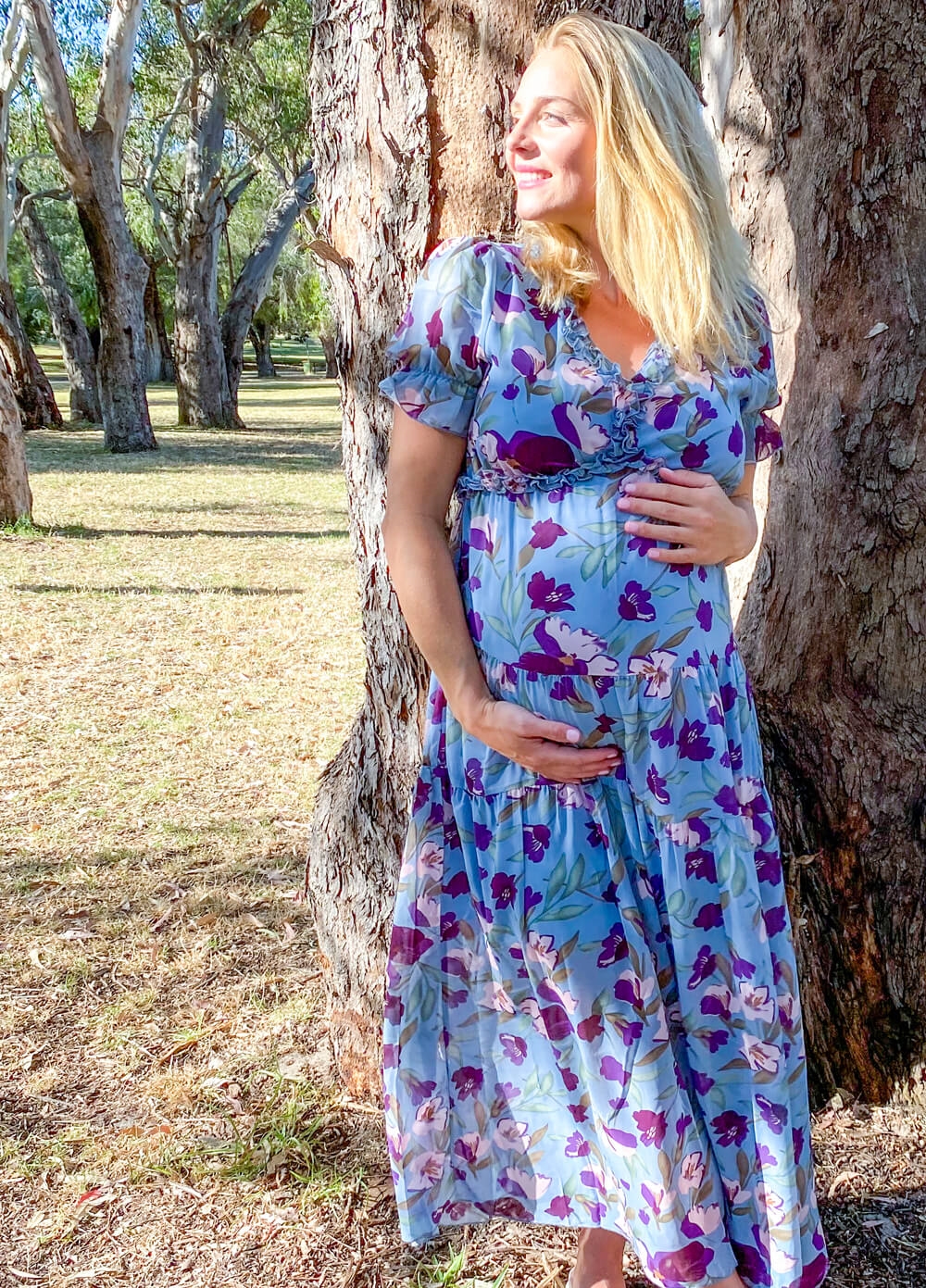 Lait & Co - Wanderlust Short Sleeve Maternity Maxi Gown in Blue/Purple Floral