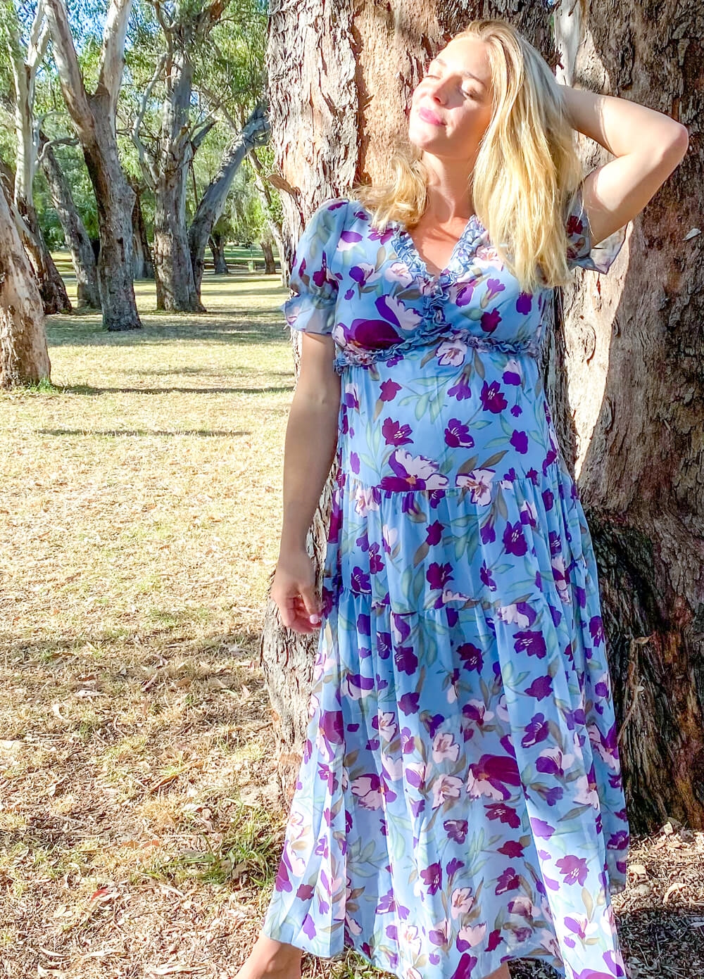 Lait & Co - Wanderlust Short Sleeve Maternity Maxi Gown in Blue/Purple Floral