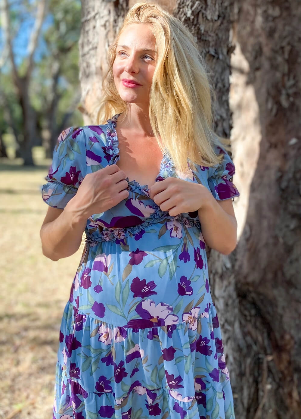 Wanderlust S/Sleeve Maternity Maxi Gown in Blue/Purple Floral