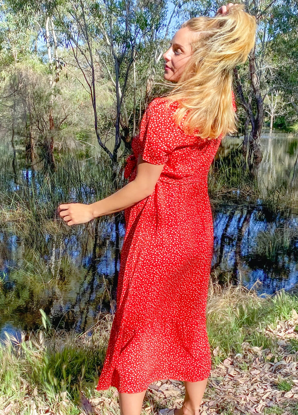Lait & Co - Noelle Maternity Midi Dress in Red Ditsy - Queen Bee