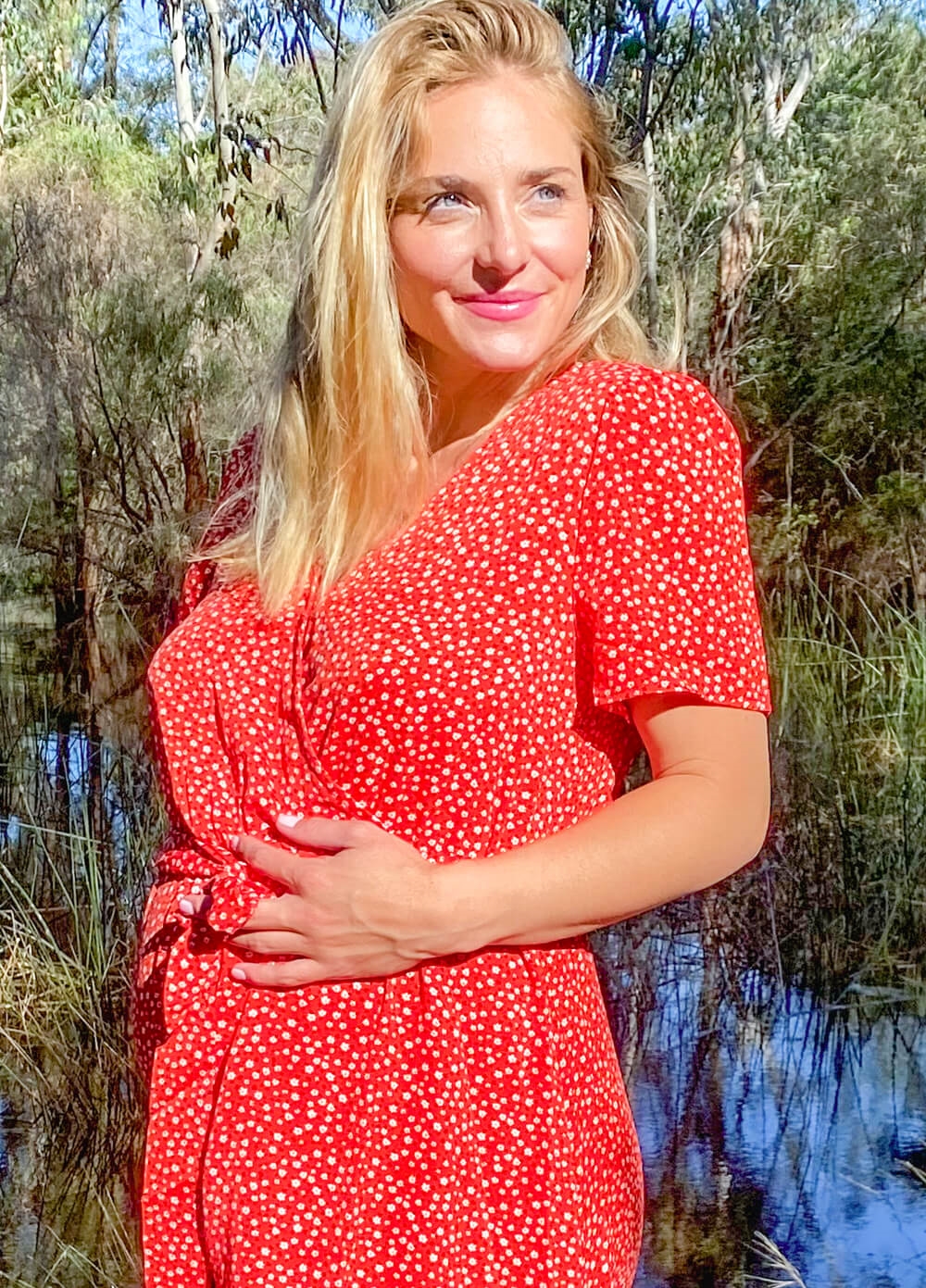 Lait & Co - Noelle Maternity Midi Dress in Red Ditsy - Queen Bee