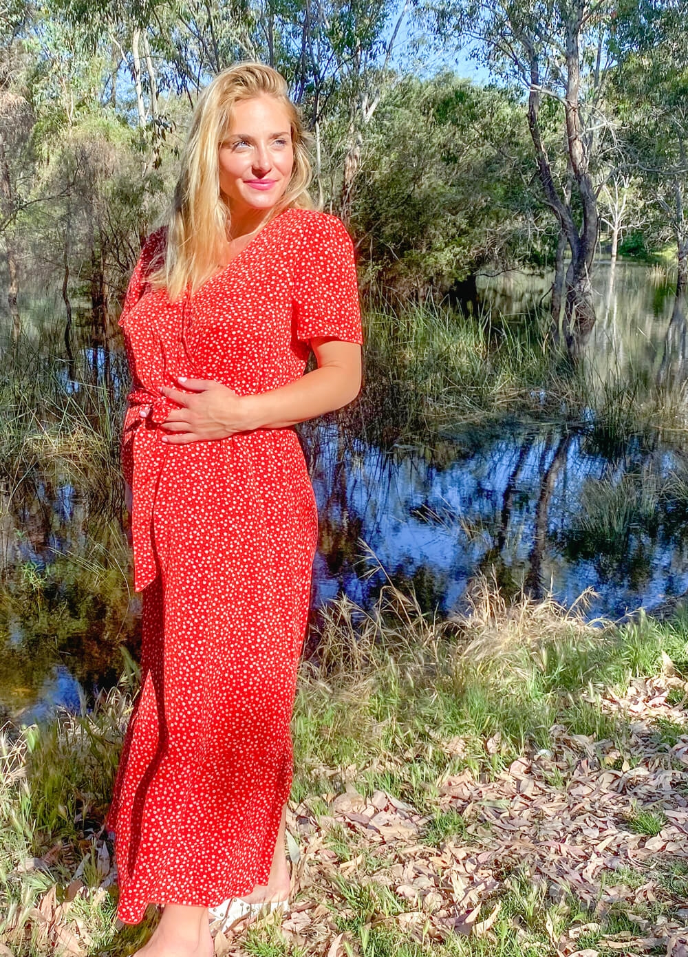 Lait & Co - Noelle Maternity Midi Dress in Red Ditsy - Queen Bee